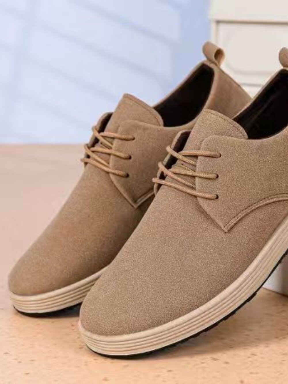 Men's Khaki Suede Lace Up Casual Oxford Shoes Lightweight Platform Sole Dress Sn